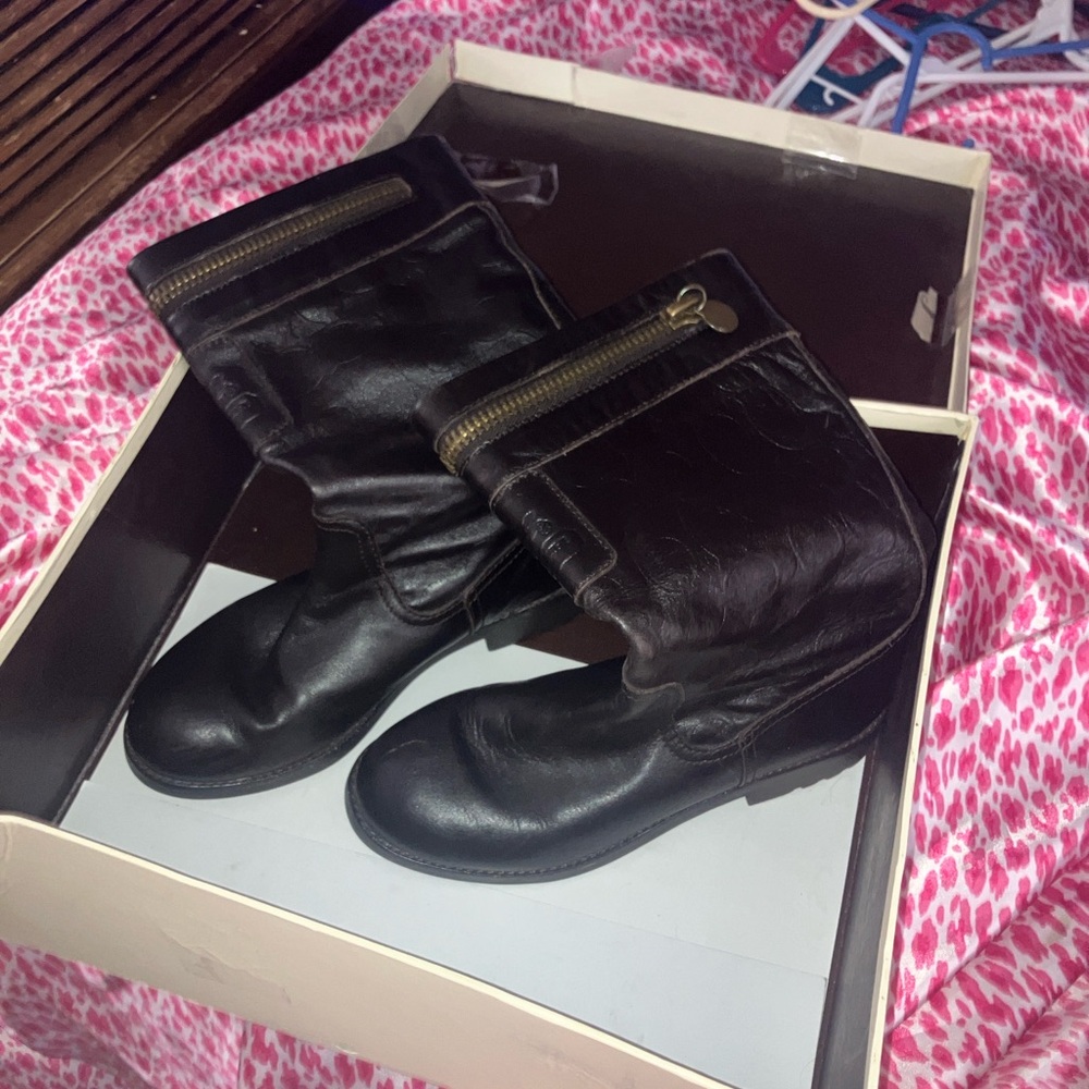Coach Black Heeled Boots with Gold Zipper